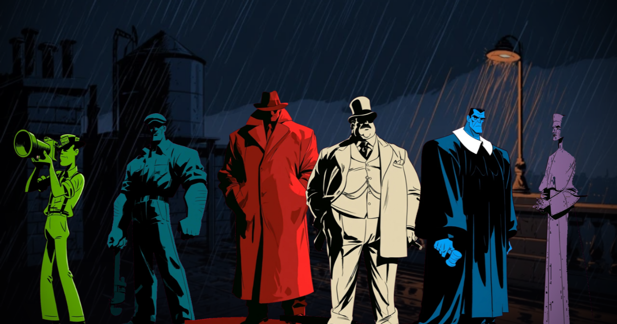 The six faction bosses of MACHINE standing on a rain-lit rooftop over the city at night